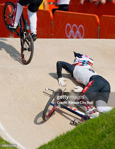 Alise Post of the United States crashed on the final series of bumps in the women's BMX semifinal at the BMX Track in Olympic Park during the 2012...