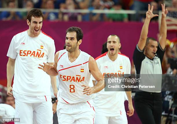 Jose Calderon of Spain reacts with his teammates against Russia during the Men's Basketball semifinal match on Day 14 of the London 2012 Olympic...