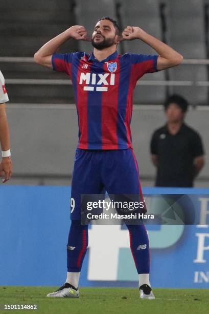 Diego Oliveira of FC Tokyo celebrates the first goal during the J.LEAGUE Meiji Yasuda J1 18th Sec. Match between F.C.Tokyo and Nagoya Grampus at...