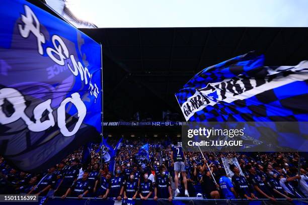 Gamba Osaka supporters cheer prior to the J.LEAGUE Meiji Yasuda J1 18th Sec. Match between Gamba Osaka and Kashima Antlers at Panasonic Stadium Suita...