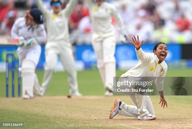 Australia bowler Alana King appeals for the wicket of England batter Tammy Beaumont which is given out but overturned on review during day three of...