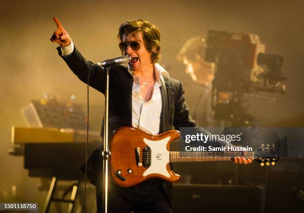 Alex Turner of Arctic Monkeys performs as the band headline the Pyramid Stage at Day 3 of Glastonbury Festival 2023 on June 23, 2023 in Somerset,...