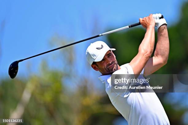 Lee Slattery of England plays his first shot on the first hole during Day Three of the Open de Bretagne at Golf Blue Green de Pleneuf Val Andre on...