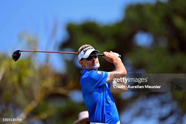 Raphael Jacquelin of France plays his first shot on the first hole during Day Three of the Open de Bretagne at Golf Blue Green de Pleneuf Val Andre...