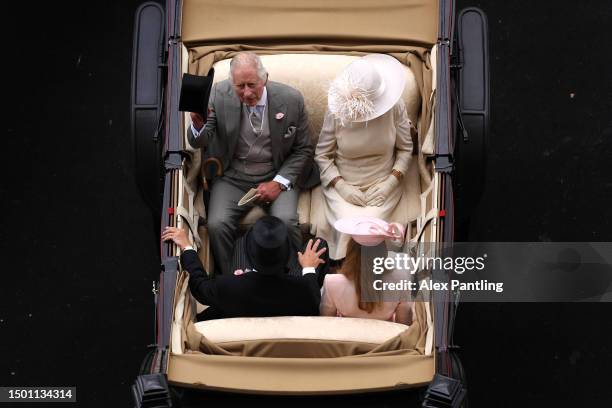 King Charles II and Queen Camilla arrive in The Royal Procession during day five of Royal Ascot 2023 at Ascot Racecourse on June 24, 2023 in Ascot,...