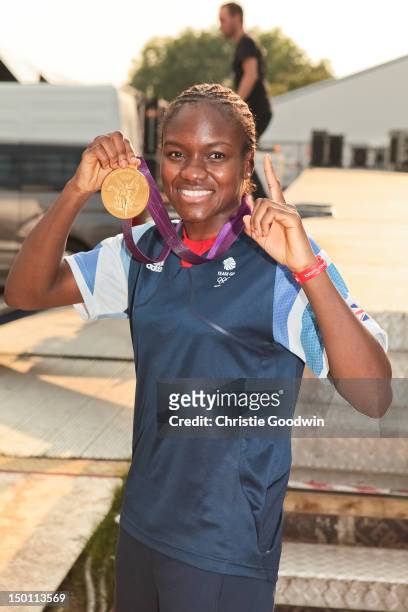 Nicola Adams Who won gold in flyweight boxing at the London 2012 Olympics backstage during BT London Live at Hyde Park on August 10, 2012 in London,...
