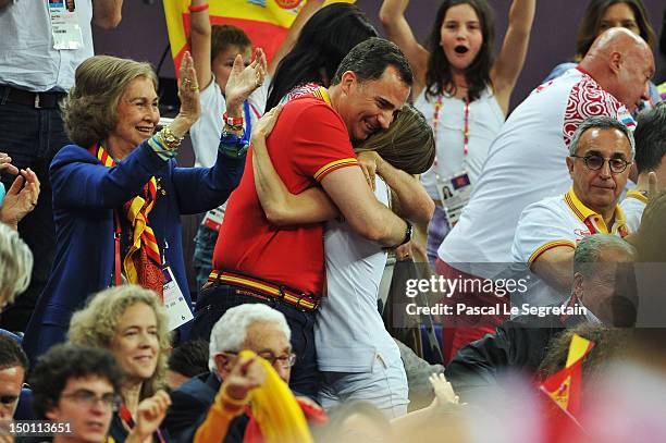 Queen Sofia, Prince Felipe and Princess Letizia of Spain attend the Men's Basketball semifinal match between Spain and Russia on Day 14 of the London...