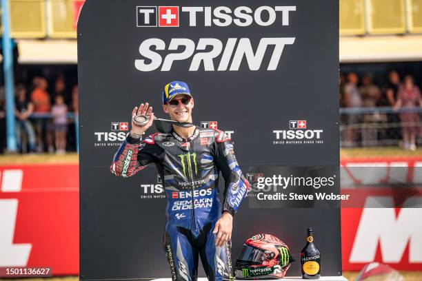 Fabio Quartararo of France and Monster Energy Yamaha MotoGP on the podium with his medal after his third position during the Sprint of the MotoGP...