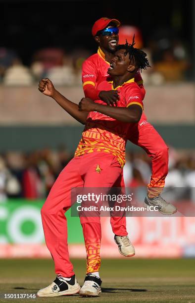 Richard Ngarava of Zimbabwe Nicholas Pooran of West Indies during the ICC Men's Cricket World Cup Qualifier Zimbabwe 2023 match between Zimbabwe and...