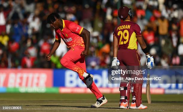 Richard Ngarava of Zimbabwe Nicholas Pooran of West Indies during the ICC Men's Cricket World Cup Qualifier Zimbabwe 2023 match between Zimbabwe and...