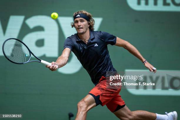 Alexander Zverev of Germany plays a forehand in his half final match against Alexander Bublik of Kazakhstan during day eight of the Terra Wortmann...