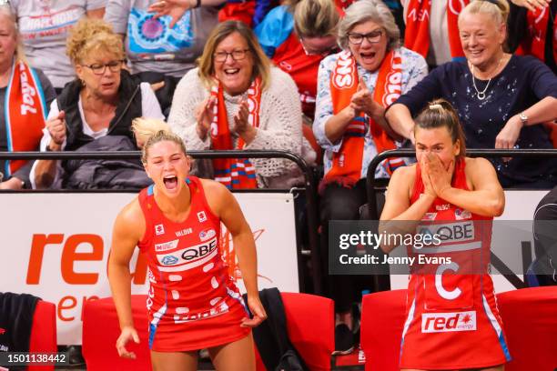 Maddy Proud of the Swifts reacts on as play goes into extra time during the Super Netball Semi Final match between NSW Swifts and Adelaide...