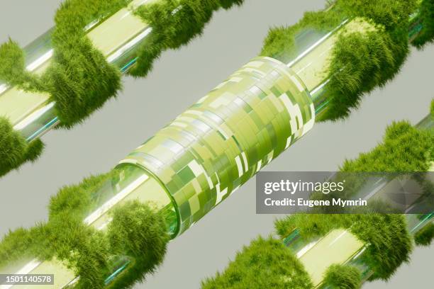 futuristic cylinder, digital data flowing and plants. merging technology and ecology. esg - changer de forme photos et images de collection