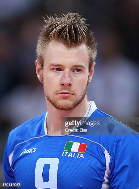 Ivan Zaytsev of Italy looks on against Brazil during the Men's Volleyball Semifinals on Day 14 of the London 2012 Olympic Games at Earls Court on...