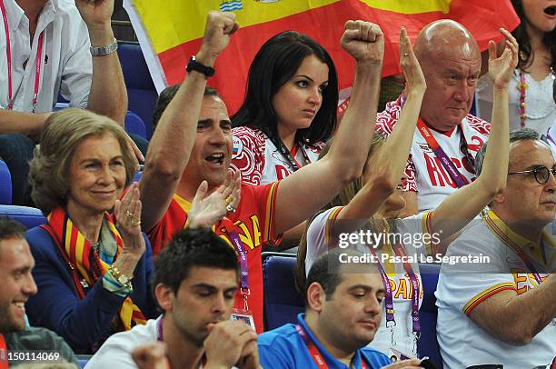 Queen Sofia, Prince Felipe and Princess Letizia of Spain attend the Men's Basketball semifinal match between Spain and Russia on Day 14 of the London...