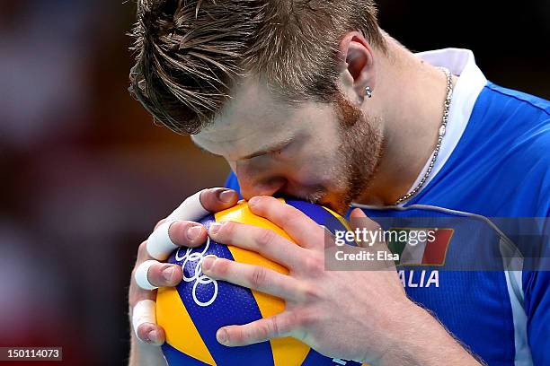 Ivan Zaytsev of Italy looks on against Brazil during the Men's Volleyball Semifinals on Day 14 of the London 2012 Olympic Games at Earls Court on...
