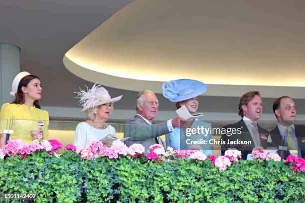 Sophie Winkleman, Queen Camilla, King Charles III, Lady Gabriella Kingston, Thomas Kingston and Lord Frederick Windsor watch a race on day five of...
