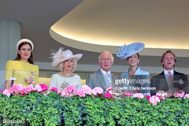 Sophie Winkleman, Queen Camilla, King Charles III, Lady Gabriella Kingston and Thomas Kingston watch a race on day five of Royal Ascot 2023 at Ascot...