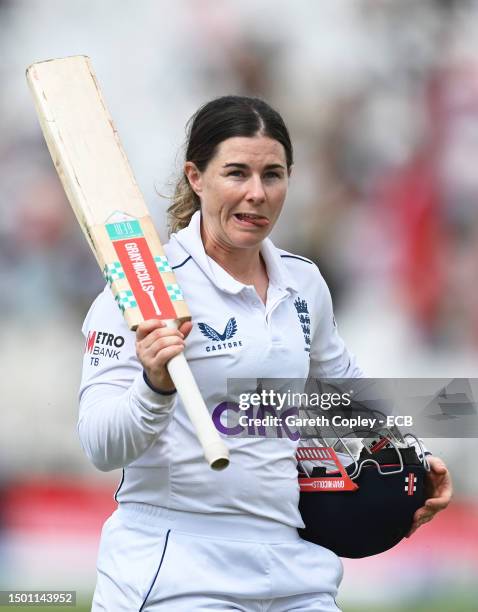 Tammy Beaumont of England makes their way off at tea unbeaten on 194 during day three of the LV= Insurance Women's Ashes Test match between England...