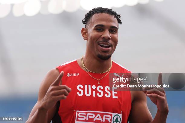 Jason Joseph of Switzerland celebrates victory and a new Championship Record in the Men's 110m Hurdles - Div 1 Heat A during day five of the European...