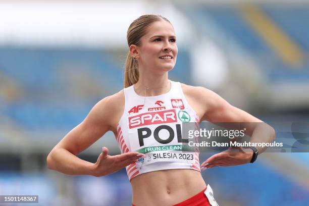 Pia Skrzyszowska of Poland celebrates victory in the Women's 100m Hurdles - Div 1 Heat A during day five of the European Team Championships 2023 at...