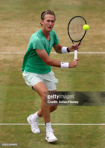 Sebastian Korda of United States plays a backhand against Carlos Alcaraz of Spain during the Men's Singles Semi-Final match on Day Six of the cinch...