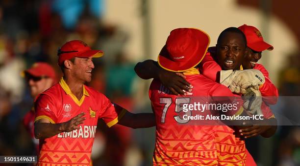 Tendai Chatara of Zimbabwe celebrates the wicket of Alzarri Joseph of West Indies during the ICC Men's Cricket World Cup Qualifier Zimbabwe 2023...