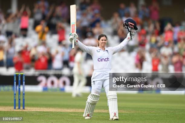 Tammy Beaumont of England celebrates their double century during day three of the LV= Insurance Women's Ashes Test match between England and...