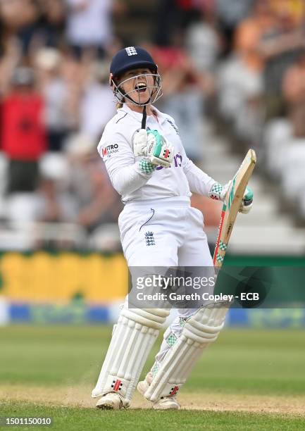 Tammy Beaumont of England celebrates their double century during day three of the LV= Insurance Women's Ashes Test match between England and...