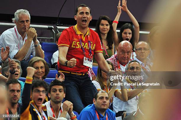 Queen Sofia, Prince Felipe and Princess Letizia of Spain attend the Men's Basketball semifinal match between Spain and Russia on Day 14 of the London...