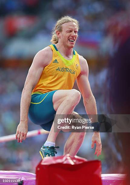 Steven Hooker of Australia reacts during the Men's Pole Vault Final on Day 14 of the London 2012 Olympic Games at Olympic Stadium on August 10, 2012...