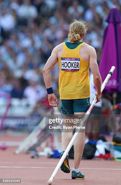 Steven Hooker of Australia after a failed attempt during the Men's Pole Vault Final on Day 14 of the London 2012 Olympic Games at Olympic Stadium on...