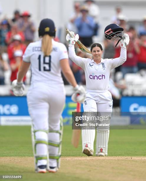 England batter Tammy Beaumont celebrates her double century during day three of the LV= Insurance Women's Ashes Test match between England and...