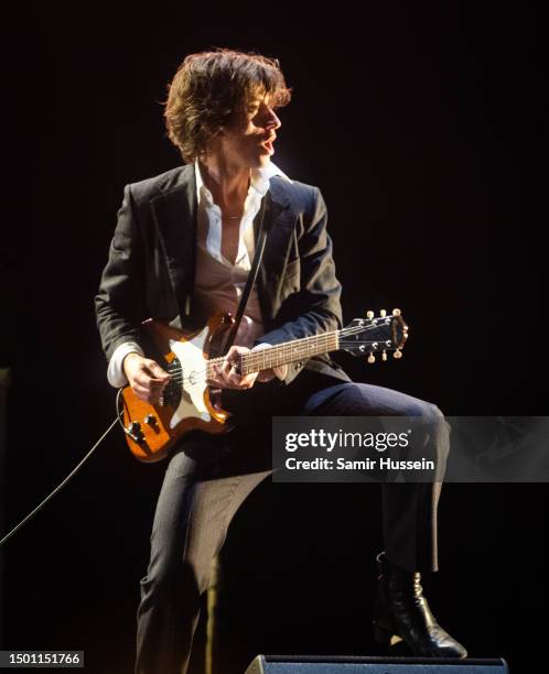 Alex Turner of Arctic Monkeys performs as the band headline the Pyramid Stage at Day 3 of Glastonbury Festival 2023 on June 23, 2023 in Somerset,...