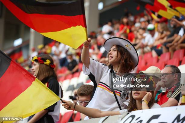 Fans of Germany enjoy the pre match atmosphere prior to the Women's international friendly between Germany and Vietnam at Stadion Am Bieberer Berg on...