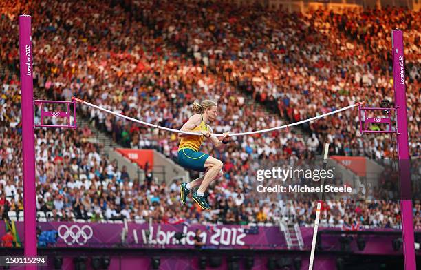 Steven Hooker of Australia fails at an attempt during the Men's Pole Vault Final on Day 14 of the London 2012 Olympic Games at Olympic Stadium on...