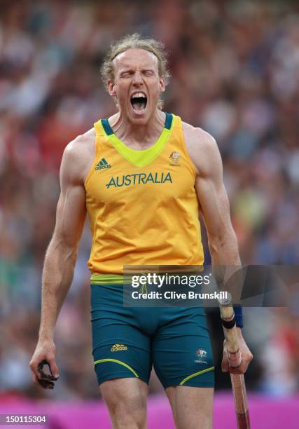 Steven Hooker of Australia reacts to a failed at an attempt during the Men's Pole Vault Final on Day 14 of the London 2012 Olympic Games at Olympic...