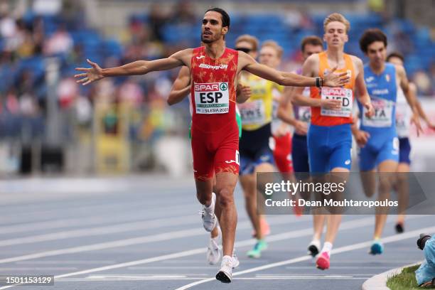 Mohamed Katir of Spain crosses the finish line to win the Men's 1500m - Div 1 during day five of the European Team Championships 2023 at Silesian...