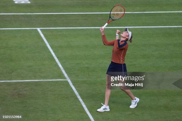 Donna Vekic of Croatia celebrates during the semi final against Maria Sakkari of Greece of day eight of the bett1open 2023 Berlin at LTTC Rot-Weiß...