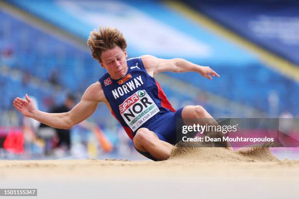 Sander Skotheim of Norway competes in the Men's Long Jump - Div 1 during day five of the European Team Championships 2023 at Silesian Stadium on June...