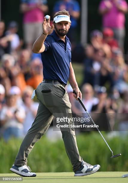 Joost Luiten of The Netherlands celebrates on the 18th hole during Day Three of the BMW International Open at Golfclub Munchen Eichenried on June 24,...