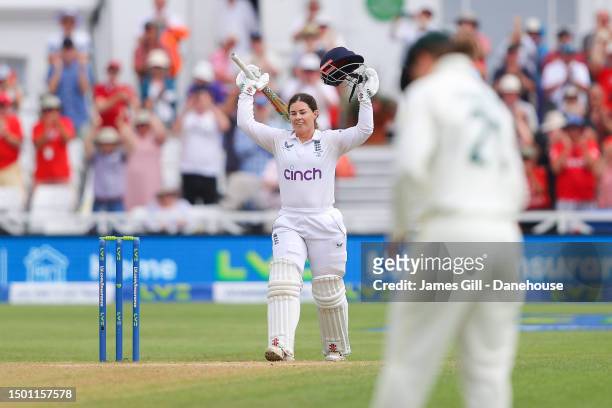 Tammy Beaumont of England celebrates 200 runs as she reaches a double century during day three of the LV= Insurance Women's Ashes Test match between...