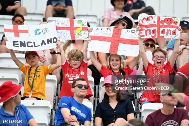 England fans cheer on their team during day three of the LV= Insurance Women's Ashes Test match between England and Australia at Trent Bridge on June...