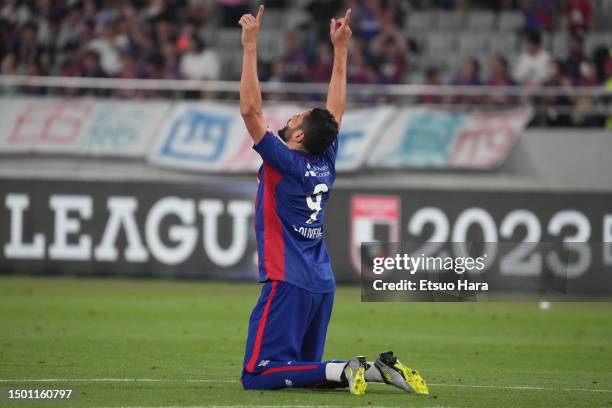 Diego Oliveira of FC Tokyo celebrates scoring his side's first goal during the J.LEAGUE Meiji Yasuda J1 18th Sec. Match between F.C.Tokyo and Nagoya...