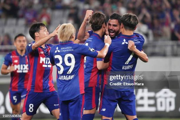 Diego Oliveira of FC Tokyo celebrates scoring his side's first goal during the J.LEAGUE Meiji Yasuda J1 18th Sec. Match between F.C.Tokyo and Nagoya...