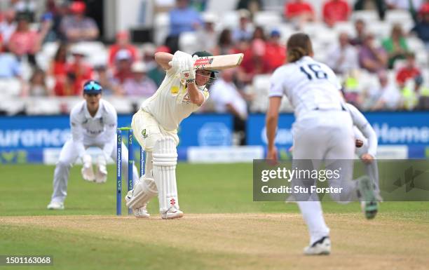 Australia batter Beth Mooney drives to the boundary during day three of the LV= Insurance Women's Ashes Test match between England and Australia at...