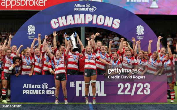 Zoe Aldcroft and Natasha Hunt co captains of Gloucester-Hartpury lift the trophy after their victory during the Women's Allianz Premier 15s Final...