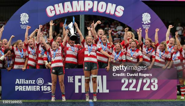 Zoe Aldcroft and Natasha Hunt co captains of Gloucester-Hartpury lift the trophy after their victory during the Women's Allianz Premier 15s Final...