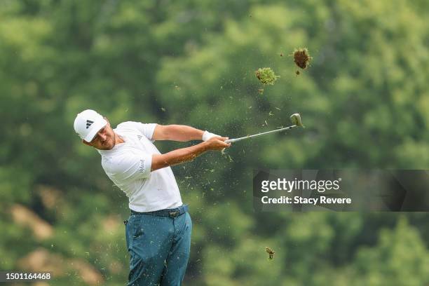 Xander Schauffele of the United States plays a second shot on the second hole during the third round of the Travelers Championship at TPC River...