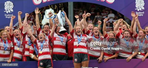 Zoe Aldcroft and Natasha Hunt co captains of Gloucester-Hartpury lift the trophy after their victory during the Women's Allianz Premier 15s Final...
